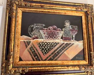 Oil Painting Still Life Crystal Decanters Fruit Ornate Carved Gilt Frame Signed