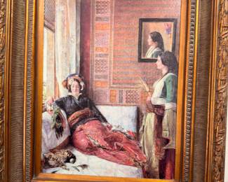Oil Painting Interior Scene Figures Period Dress Ornate Gilt Frame Art