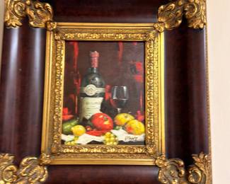 Oil Painting Still Life Wine Bottle Glass Fruit Gilt Dark Wood Frame Signed Art