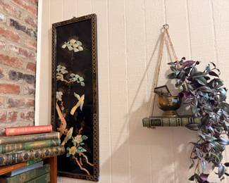 Asian Black Lacquer Floral Panel Brass Hanging Planter Vintage Books Wall Art