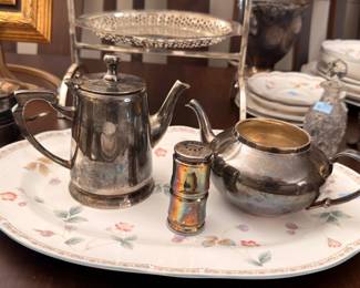 Silver Plate Tea Service Set Teapot Creamer Sugar Tray Vintage Serving Ware