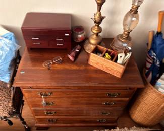 Antique Wood Dresser Jewelry Box Brass Lamps Desk Vintage Furniture Storage
