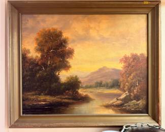 Large Oil Painting Autumn Landscape River Mountains Sunset Trees Wood Frame Art