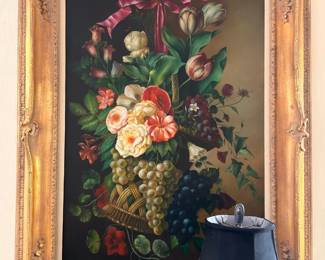 Oil Painting Floral Bouquet Roses Grapes Ornate Gilt Frame Blue Lamp Shade