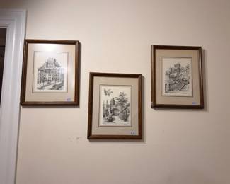 Framed Pen Ink Drawings European Architecture Cityscape Matted Wall Art Set of Three