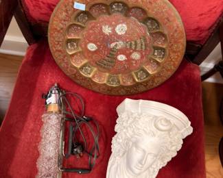 Ornate Brass Charger Plate White Ceramic Cherub Wall Sconce Red Velvet Display