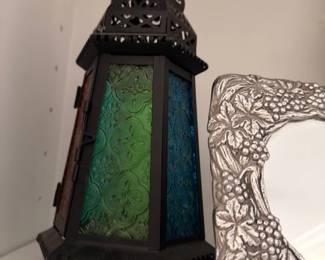 Moroccan Gothic Metal Lantern Green Stained Glass Panels Hanging Light
