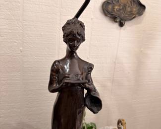 Bronze Figural Lady Lamp Cut Crystal Bowl Base Antique Parlor Lighting