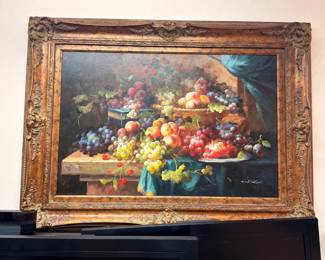 Large Oil Painting Still Life Fruit Basket Grapes Ornate Gilt Frame Classical