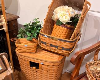 Longaberger Woven Baskets Collection Stacked Silk Flowers Handmade Storage Decor