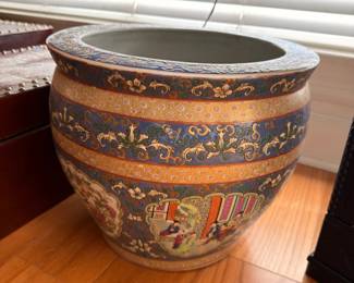 Large Chinese Ceramic Fishbowl Planter Painted Design Banded Pattern Asian Pottery