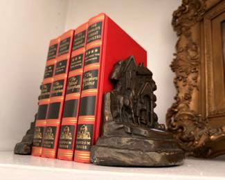 Red Leather Bound Book Set Bronze Figural Bookends Castle Tower Vintage Library