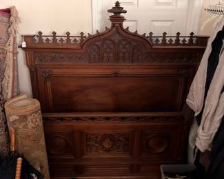 Antique Victorian Carved Walnut Bed Headboard Finial Top Dark Wood Ornate Furniture