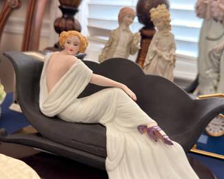 Porcelain Figurine Elegant Lady Reclining Chaise Lounge Ceramic Collectible Art