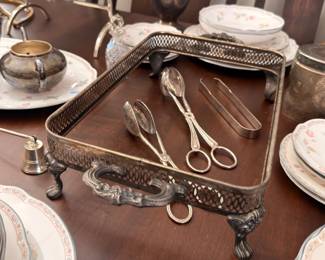Silver Ornate Footed Tray Scissors Tongs Serving Utensils Vintage Tableware