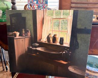 Large Oil Painting Interior Scene Pottery Window Light Rustic Kitchen Still Life