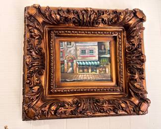 Oil Painting European Street Scene Cafe Shops Ornate Carved Gilt Frame