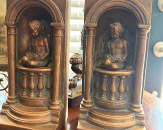 Bronze Brass Figural Bookends Pair Seated Figures Columned Archway Antique