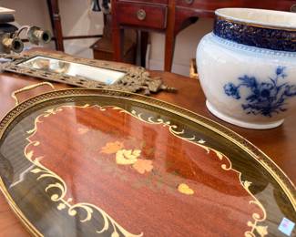 Inlaid Wood Marquetry Serving Tray Floral Design Brass Gallery Rim