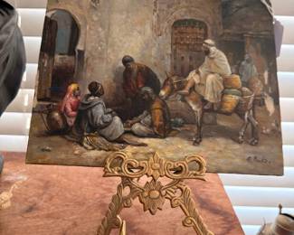 Oil Painting Orientalist Market Scene Figures Brass Ornate Easel Stand