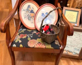 Antique Wood Chair Decorative Plates Sewing Basket Oriental Rug Framed Art Display