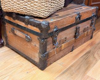 Antique Flat Top Steamer Trunk Metal Hardware Woven Basket Vintage Storage Chest