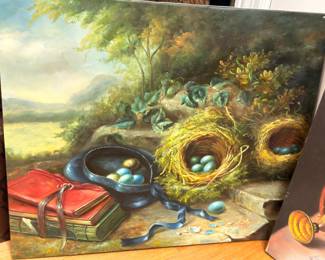 Oil Painting Still Life Bird Nest Eggs Books Foliage Nature Antique Canvas Art