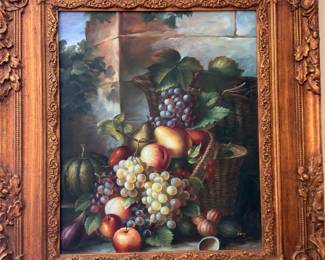 Oil Painting Still Life Grapes Fruit Ornate Carved Gilt Frame Classical Art