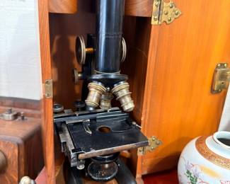 Antique Brass Microscope Wood Case Scientific Instrument Vintage Lab Equipment