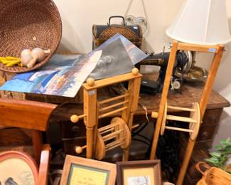 Ladder Back Chair Table Lamp Framed Art Wicker Hat Miscellaneous Garage Items Lot
