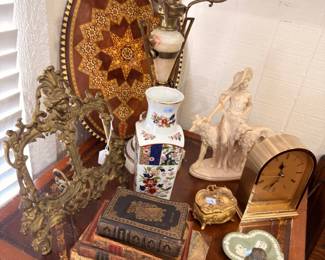 Mantel Display Brass Candelabra Porcelain Vase Figurine Clock Lacquer Box Oil Painting