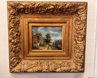 Oil Painting European Town Canal Scene Buildings Ornate Carved Gilt Frame