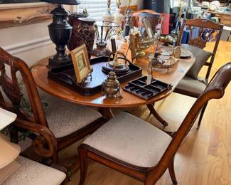Round Wood Dining Table Upholstered Chairs Bronze Urn Desk Organizer Antiques