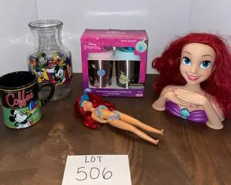 Disney Lot Ariel Styling Head, Ariel Doll, New 2Pc Princess Tumblers, Mickey Mug, Juice Container,