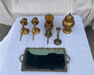 Brass Lot, Sconces, Brass Framed Vanity Mirror, Candle Holder