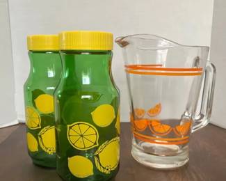 Two Anchor Hocking Green Glass Lemon Jars w Lids, 1 Glass Pitcher Oranges