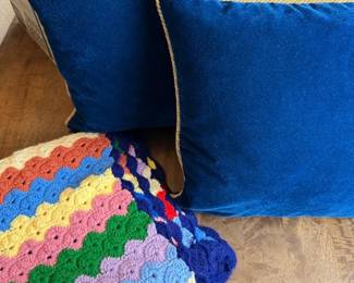 Vintage Colorful Afghan, 2 Blue VelvetLike Pillow Covers wPottery Barn Inserts