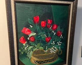 006 Vintage Framed Painting 20 X 24 Floral Red Roses, Dark Moody