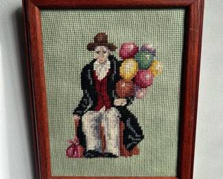 Vintage Framed 9x11 Needlepoint Balloon Man