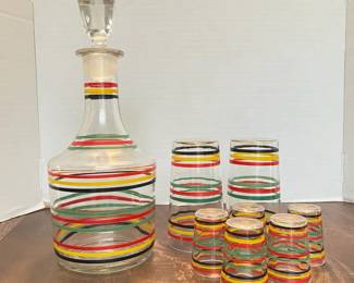 005 MCM Striped Barware Decanter, Tumblers, Shot Glasses
