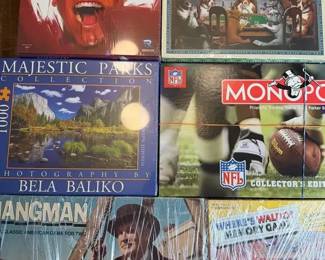 Games, Puzzle 6pc Lot New, Vintage, American Psycho, Hangman, NFL Monopoly, Majestic Parks, more