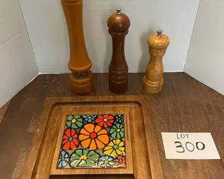 MCM Charcuterie Board Walnut Tile, Signed and 3 Wooden Pepper Grinders 4 Pc Kitchen Lot