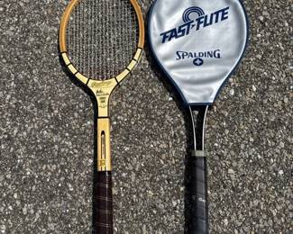 TennisBadminton Rackets, Rawlings Vintage Wood John Newcombe, Spalding Fast Flute