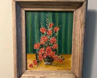 Vintage 1956 Floral Painting 11 X 13 Green Striped Background, Signed