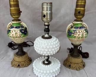 004 VTG Table Lamps, 2 X Italian Capodimonte porcelain table 1 X white milk glass hobnail swirl boudoir