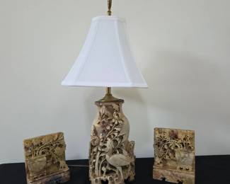 Carved Soapstone Lamp Bookends Desk Set