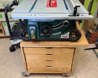 Grizzly Benchtop Table Saw G0869  with rolling cabinet and factory 2-wheeled stand
