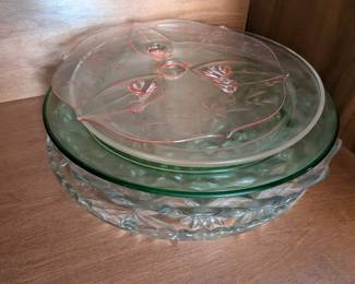 Pink Etched Floral Depression Glass Cake Stand with Green Glass Footed Platter