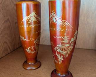 Pair of Japanese Red Lacquer Vases with Mountain and Pagoda Scene