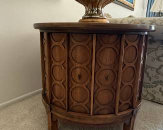 Mid-Century Modern Drum Side Table with Carved Circular Motif